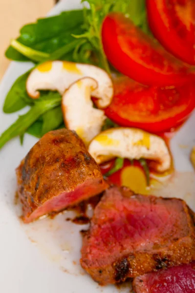 Beef Filet Mignon Grilled Fresh Vegetables Side Mushrooms Tomato Arugula — Stock Photo, Image