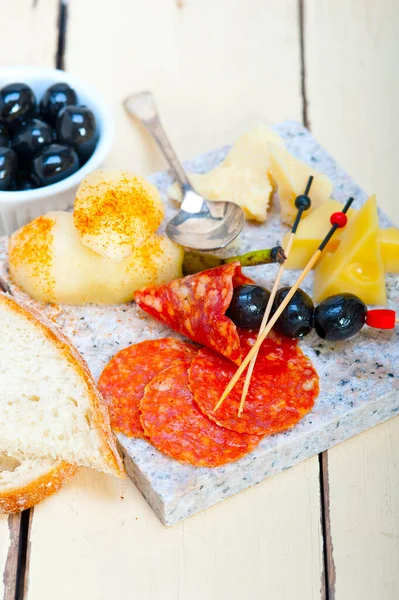 Cold Cut Assortment Cheese Salami Fresh Pears Served Granite Stone — Stock Photo, Image