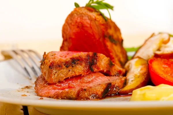 Beef Filet Mignon Grilled Fresh Vegetables Side Mushrooms Tomato Arugula Royalty Free Stock Images