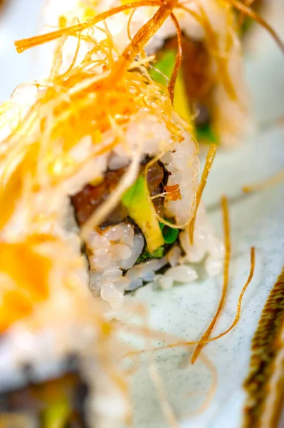 Makro Nahaufnahme Von Frischem Sushi Auswahl Sortiment — Stockfoto