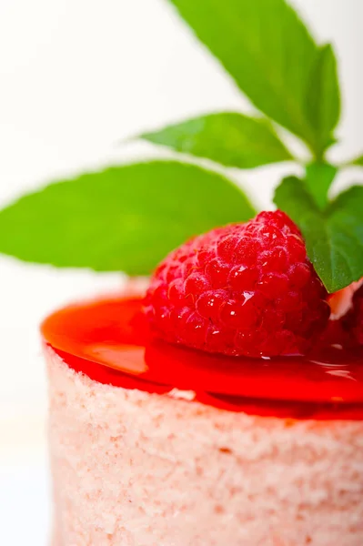 Fresh Raspberry Cake Mousse Dessert Shape Mint Leaves — Stock Photo, Image