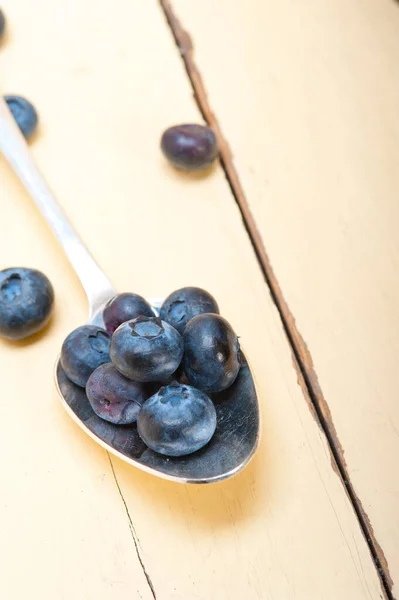 Fresh Blueberry Silver Spoon White Rustic Wood Table — Stock Photo, Image