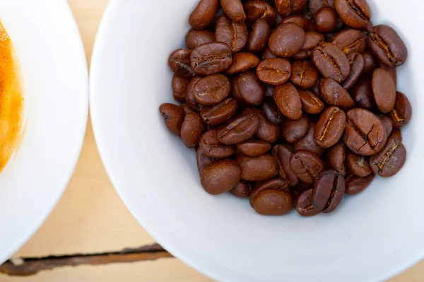 Italian Espresso Cofee Beans White Wood Table — Stock Photo, Image