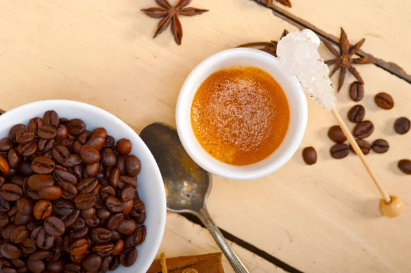 Espresso Coffee White Wood Rustic Table Sugar Spice — Stock Photo, Image
