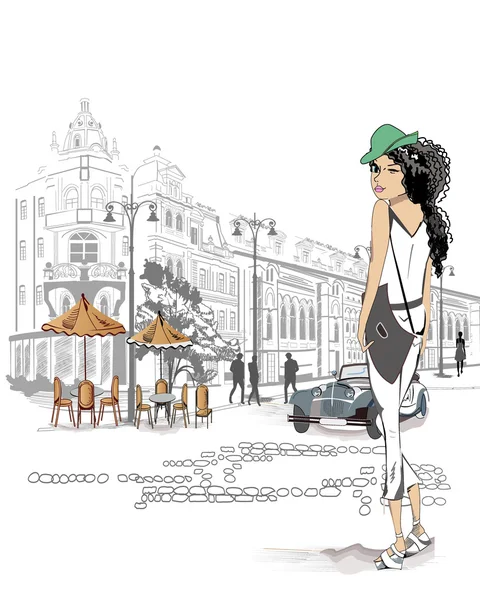 Fashion girl dans la rue de la vieille ville — Image vectorielle