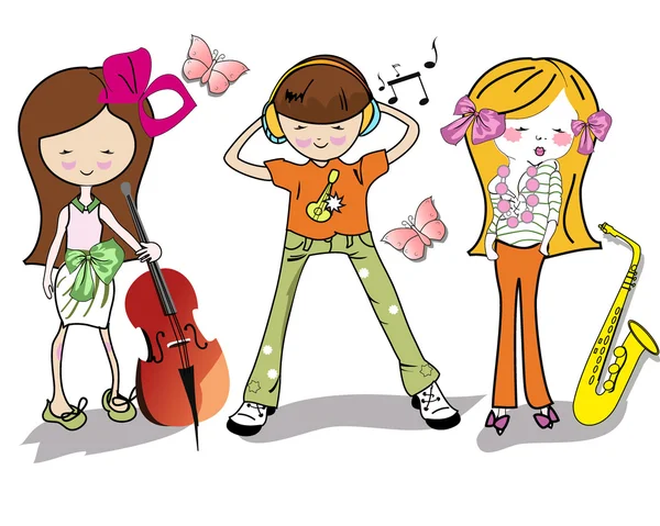 Niños de dibujos animados de moda con instrumentos musicales — Vector de stock