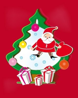 Kağıt Noel ağacı, Noel Baba ve hediyeler ile kırmızı bir arka plan