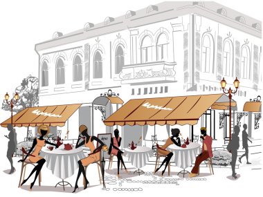 Series of sketches of beautiful old city views with cafes clipart