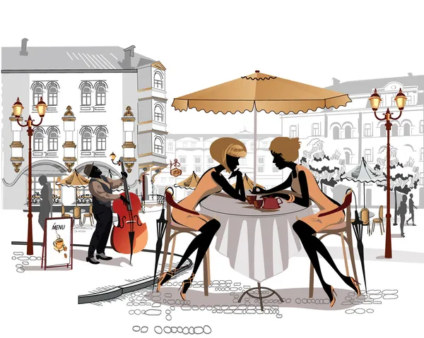 Série de croquis de belles vues sur la vieille ville avec des cafés — Image vectorielle