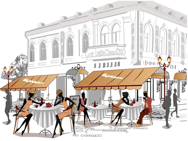 Series of sketches of beautiful old city views with cafes Royalty Free Stock Vectors