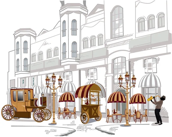 Serie de bocetos de hermosas vistas de la ciudad vieja con cafés Vector de stock