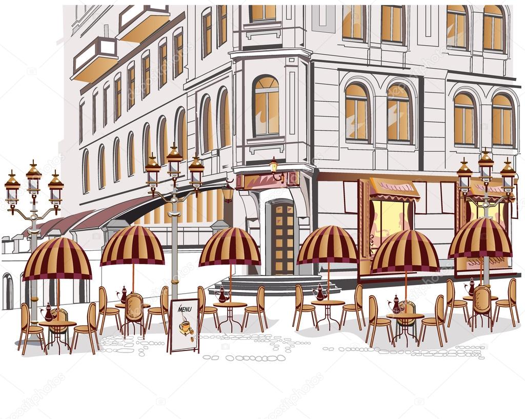 Series of sketches of beautiful old city views with cafes