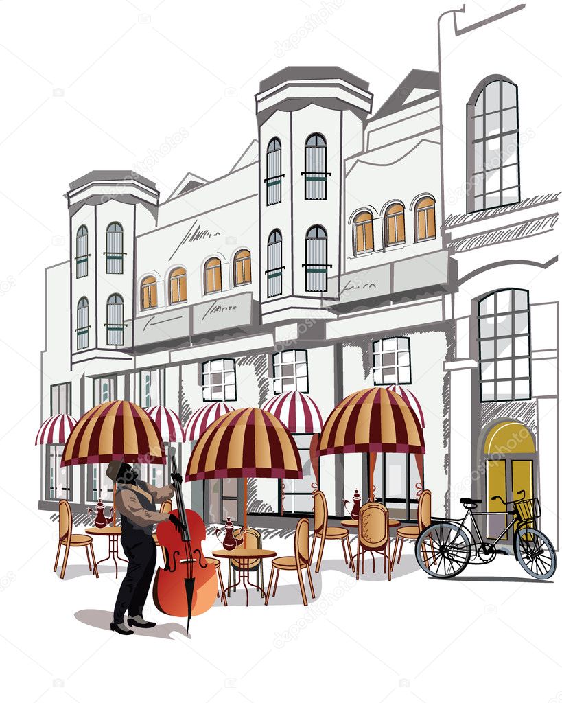 Series of sketches of beautiful old city views with cafes