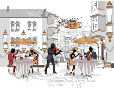 Series of street cafes in the city with drinking coffee clipart