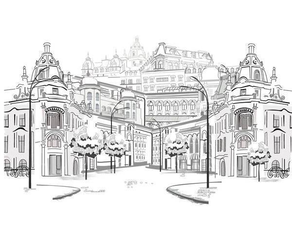 Series of sketches of beautiful old city views
