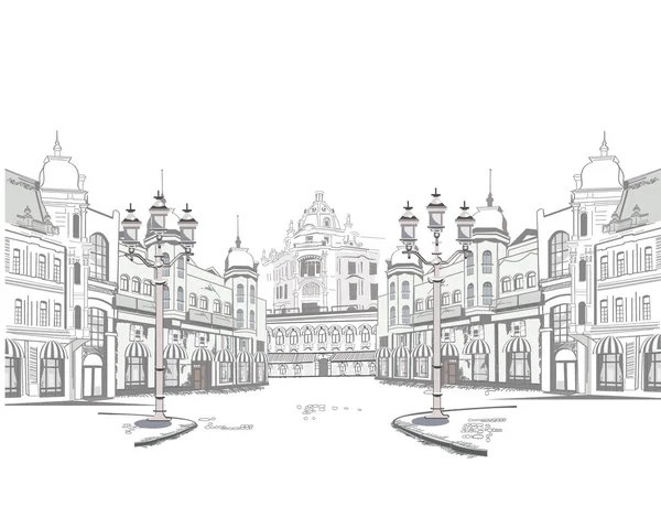 美しい旧市街の景色のスケッチのシリーズ ロイヤリティフリーのストックイラスト