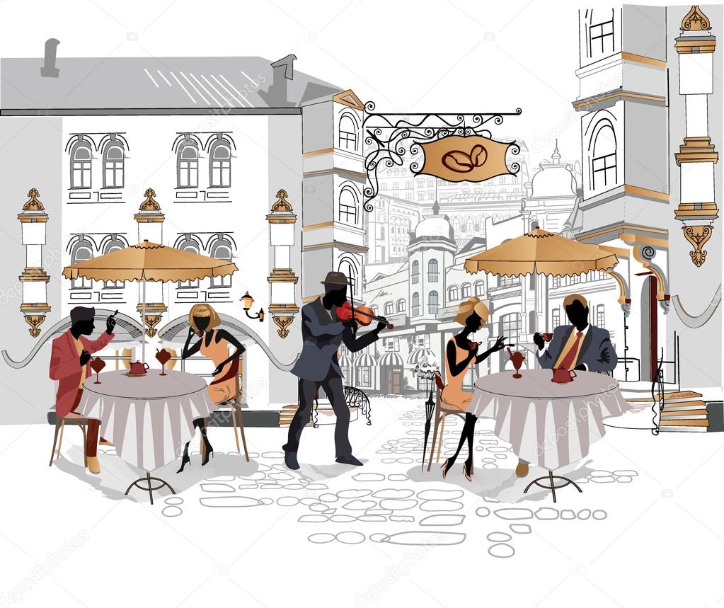 Series of street cafes in the city with drinking coffee — Stock Vector ...