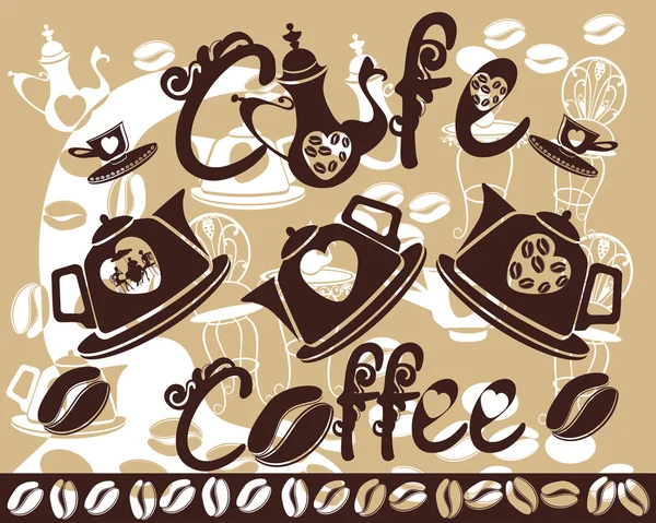 Kaffeehintergrund mit stilisierten Kaffeekannen, Tassen — Stockvektor