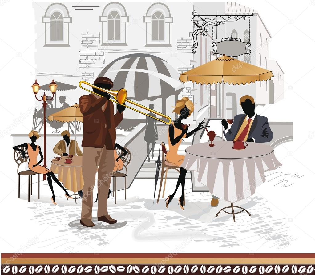 Street cafes in the city with musician
