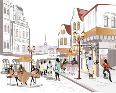 Series of streets with cafes in the old city clipart