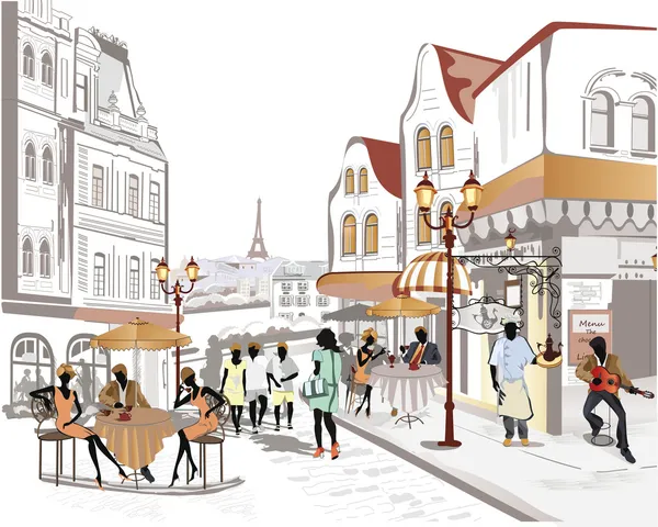 Serie van straatjes met cafetaria's in de oude stad — Stockvector