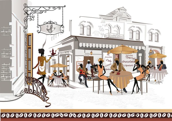 Serie de cafés callejeros en la ciudad vieja — Vector de stock