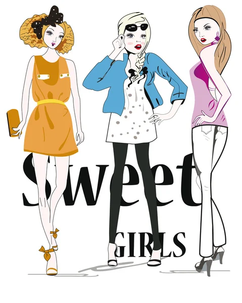 Sketch of young fashion girls — Stock Vector