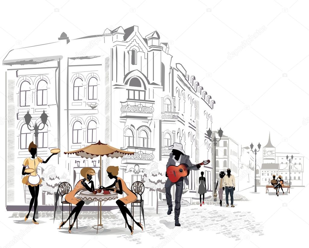 Series of street cafes in the old city