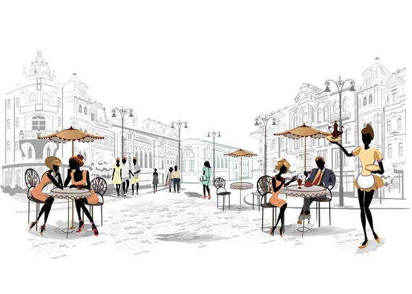 系列的街头咖啡馆在旧城 — 图库矢量图片