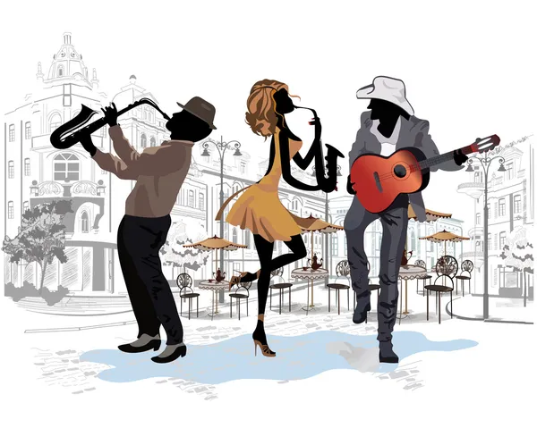 Musiciens de rue dans la vieille ville — Image vectorielle