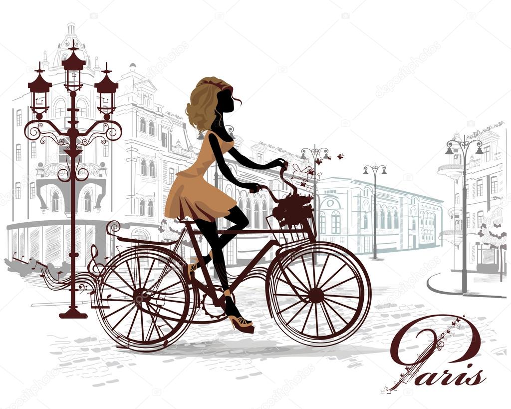 Fashion girl rides a bicycle, decorated with a musical stave