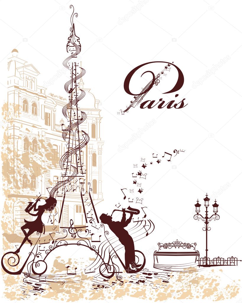 Eiffel Tower decorated with musical stave, notes, musicians