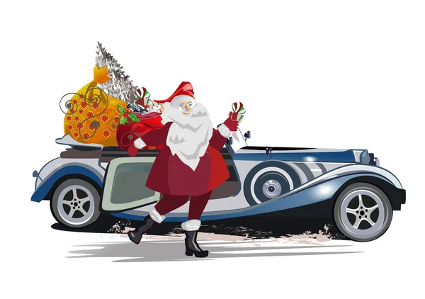 Cartão Férias Com Papai Noel Perto Carro Retro Com Grandes — Vetor de Stock