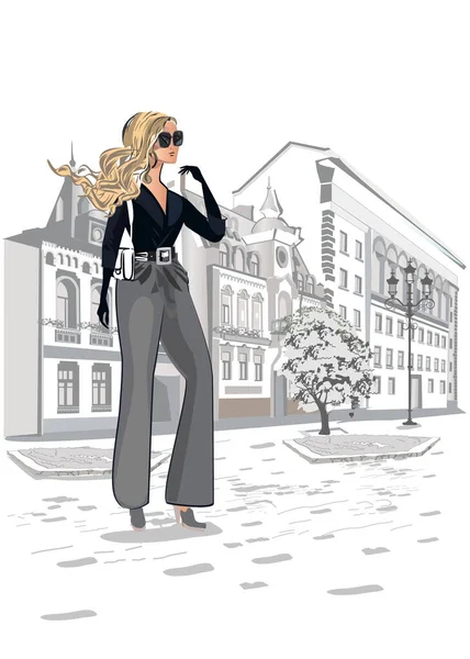 Fashion Young Woman Blond Hair Shopping City Fashion Girl Portrait — Stock Vector