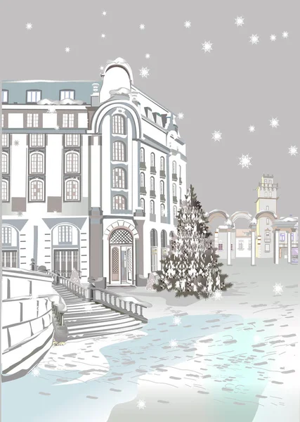 Carte Voeux Noël Vecteur Dessiné Main Illustration Rue Enneigée Décorée — Image vectorielle