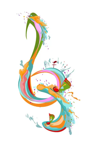Abstract Musical Design Treble Clef Colorful Splashes Notes Waves Colorful — Stock Vector