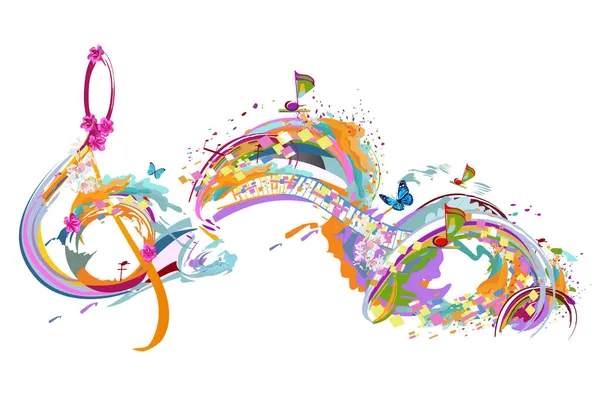 抽象的音乐设计 有三重清晰和五彩斑斓的水花 音符和波浪 色彩斑斓的三叶草 手绘矢量图解 — 图库矢量图片