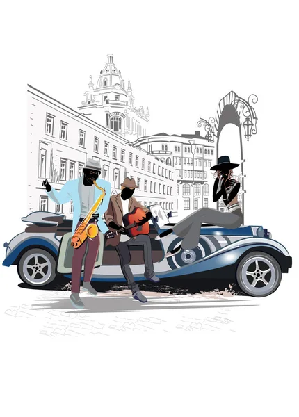 街のストリートミュージシャンのシリーズ レトロな車の近くのジャズバンド レトロな建物と手描きベクトルイラスト — ストックベクタ