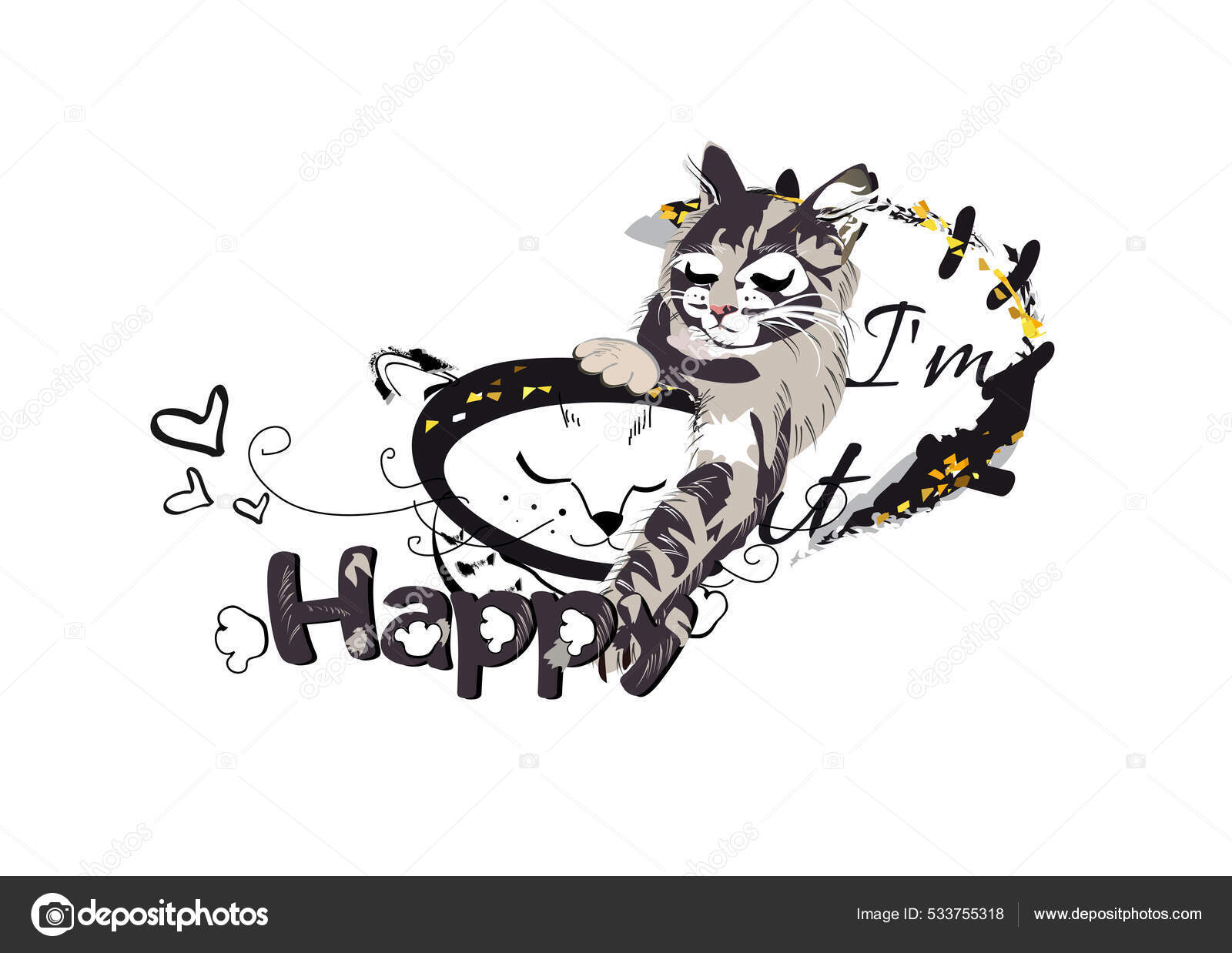 Design Slogan I'm Happy Cute Cats Handwritten Lettering Quote Slogan