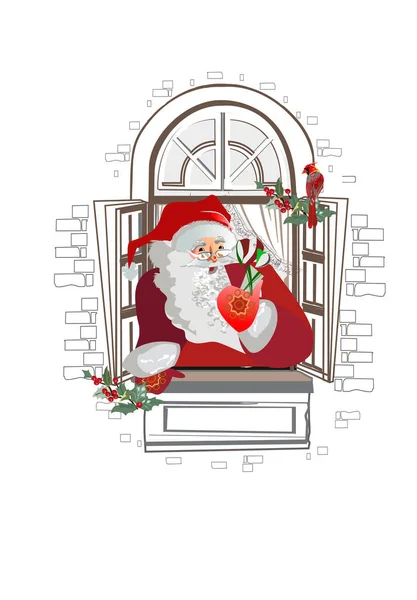 Tarjeta Navidad Con Papá Noel Ventana Estilo Dibujos Animados — Vector de stock