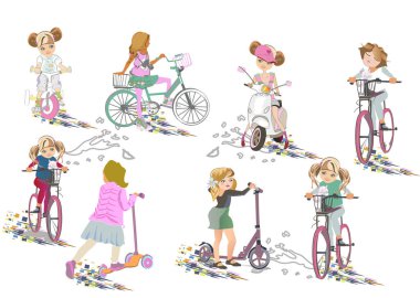 Eskiz bisiklet sürme bir köpek ile bir şirin moda kız. Çizilmiş vektör çizim el.