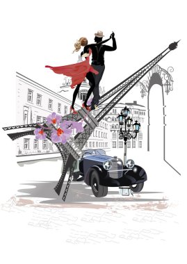 Eyfel kulesinde dans eden çift ve retro arabalı mimar geçmişi. El çizimi vektör illüstrasyonu.