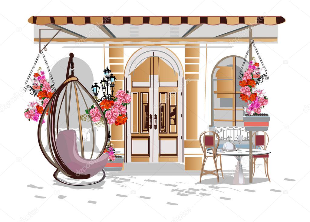 Series of backgrounds decorated with flowers, old town views and street cafes.    Hand drawn vector architectural background. 