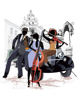 Şehirdeki sokak müzisyenleri. Eski arabanın yanındaki caz grubu. Retro binalarla el çizimi vektör çizimi.