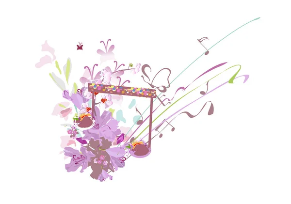 摘要大自然的三叶草 用夏天和春天的花朵 鸟儿装饰而成 轻放音乐 手绘矢量图解 — 图库矢量图片