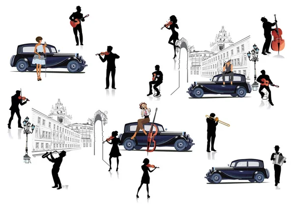 도시의 길거리 음악가들의 시리즈 밴드가 자동차 근처에 손으로 삽화와 — 스톡 벡터