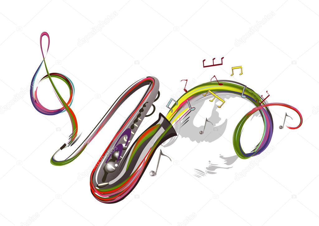 Abstract musical design with colorful splashes and musical waves, notes. Hand drawn vector illustration.