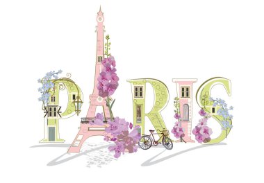 Paris harfleri, çiçekler, Eyfel kulesi ve diğer mimari manzaralarla süslenmiş. El çizimi vektör illüstrasyonu.