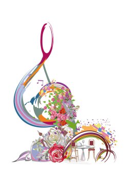 Soyut doğa, yaz ve bahar çiçekleri, notlar ve kuşlarla süslenmiş üç katlı anahtar. Hafif ve rahatlatıcı müzik. El çizimi vektör illüstrasyonu.