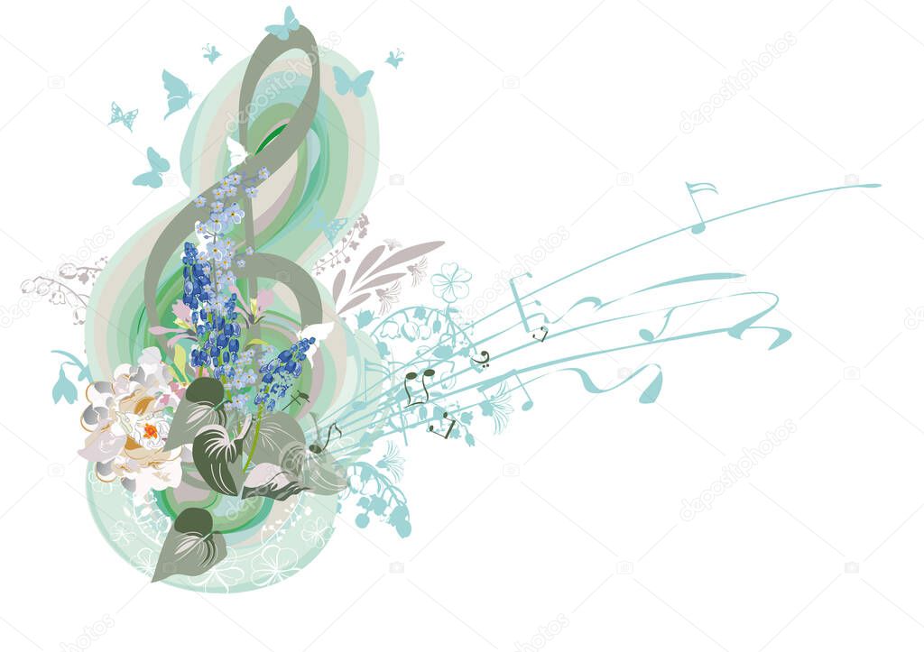 Abstract nature treble clef decorated with summer and spring flowers, notes, birds. Light and relax music. Hand drawn vector illustration.